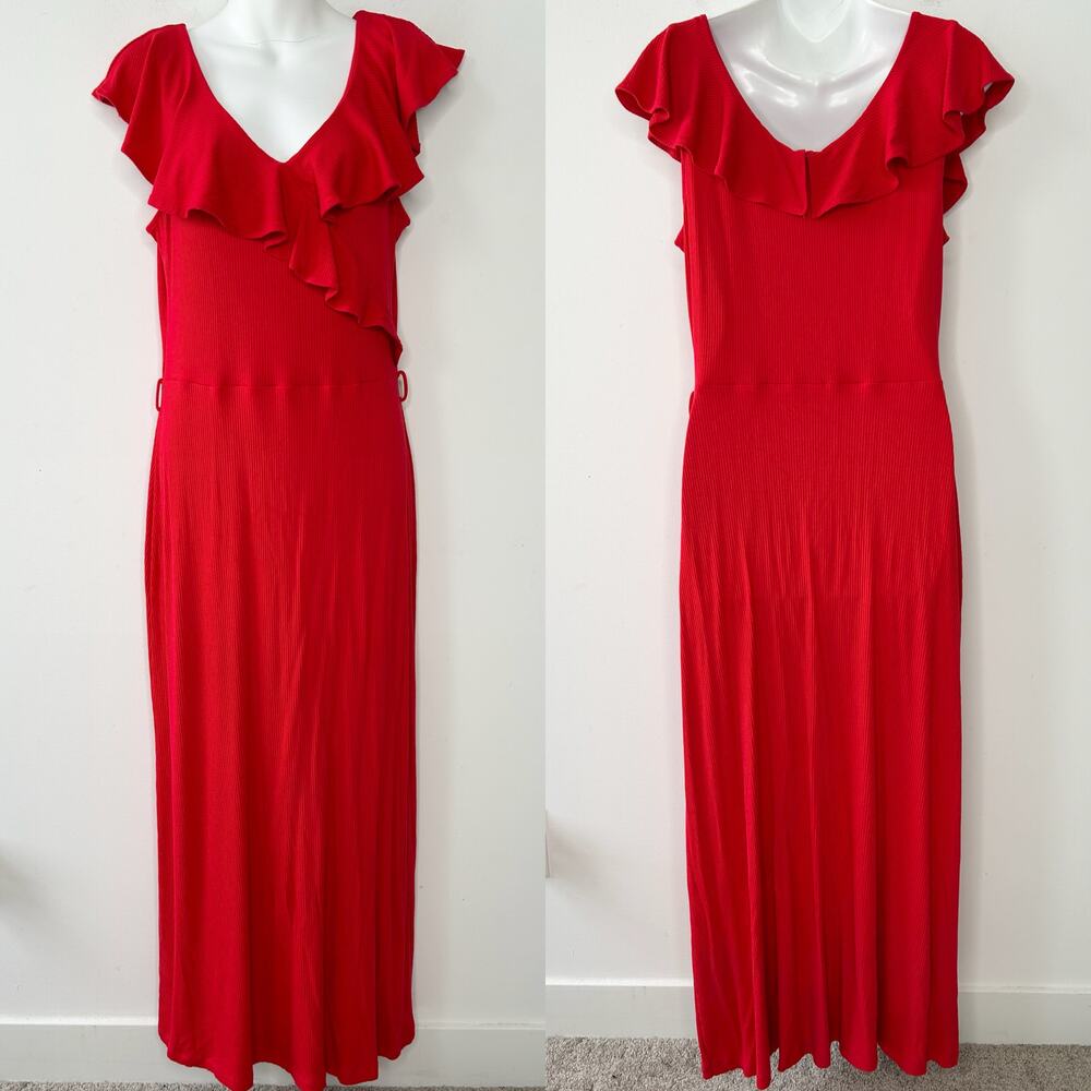 & OTHER STORIES Sleeveless Ruffle Midi Dress Womens Size Large Ribbed Holiday - Picture 2 of 7
